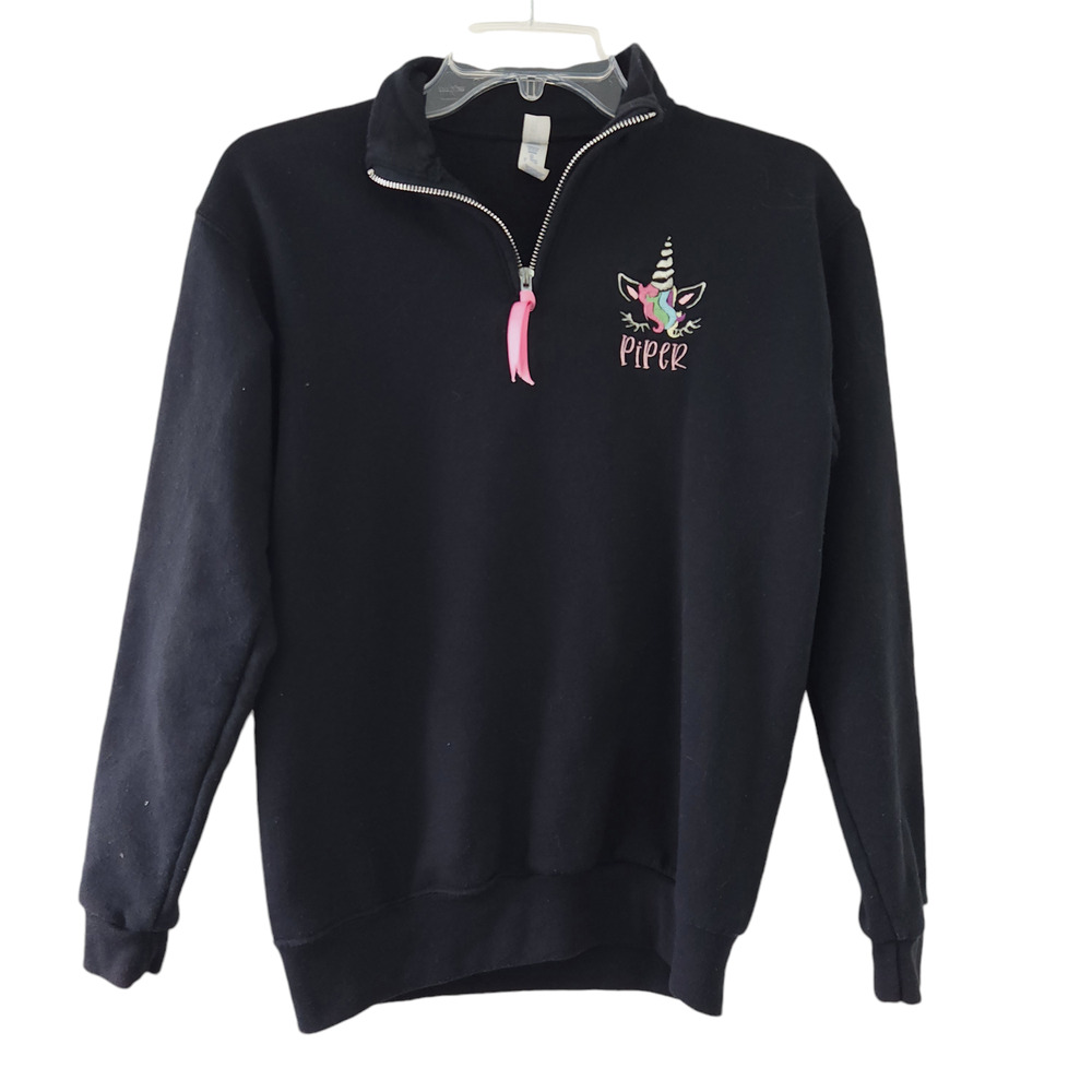 Girls Embroidered Sweatshirt Piper Unicorn Large Long Sleeve Shirt, Black